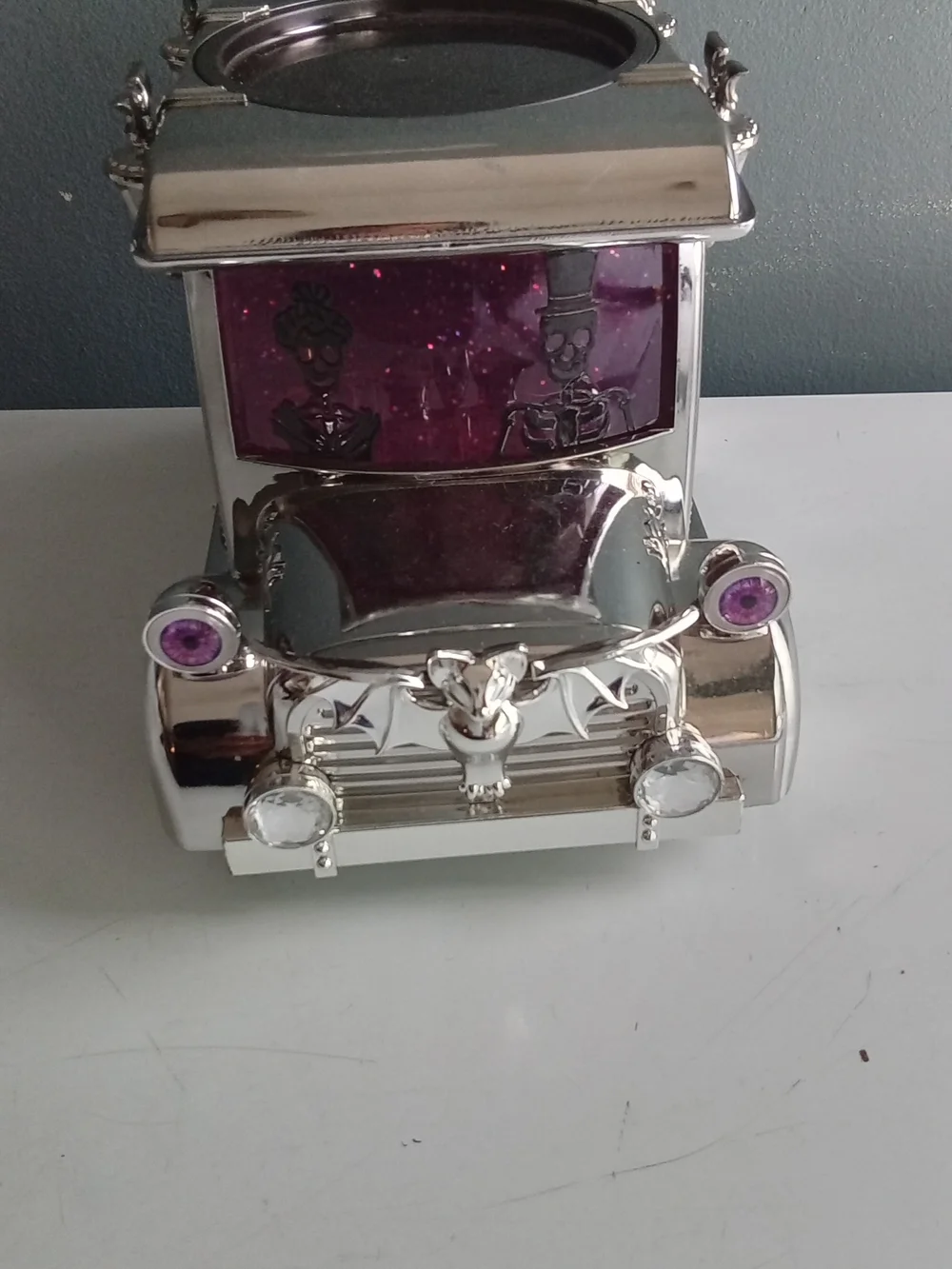 Bath & Body Works Halloween Hearse 3-Wick Candle Holder Silver Chrome Skeleton